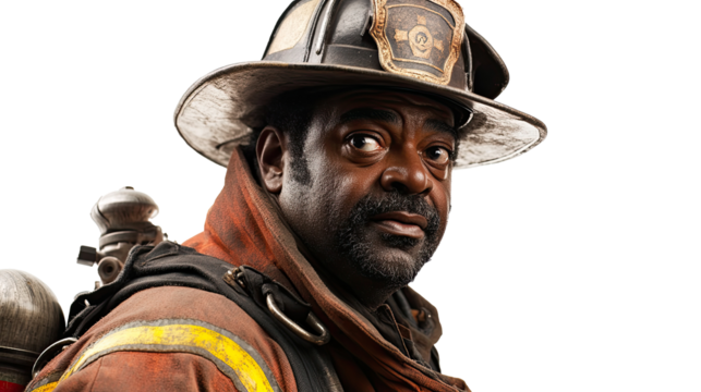 Portrait, black man as a firefighter, with helmet and safety uniform, isolated in transparent background.