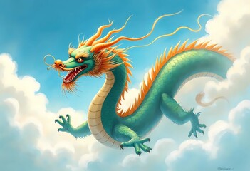 Obraz premium Majestic Dragon Soaring Through Fluffy Clouds on a Sunny Day