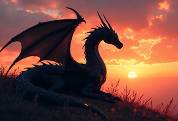 Majestic Dragon Rests at Sunset, Silhouetted Against a Fiery Sky