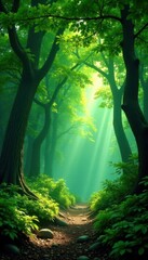 Obraz premium Deep emerald canopy, dappled sunlight filtering through, forest, leaves