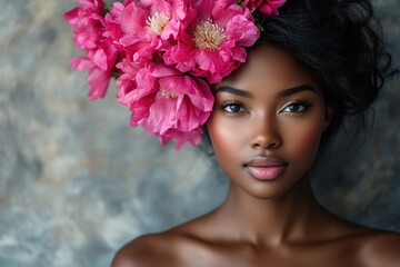 A woman wearing a flower in her hair, perfect for representing beauty and nature