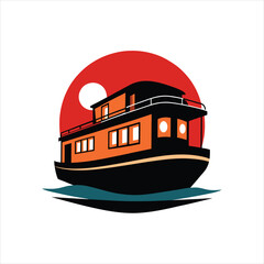 Luxurious Houseboat Docked in Canal Silhouette Retro Vintage Vector Art