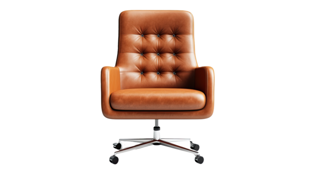 Office chair, brown leather upholstery, contemporary retro style, isolated on transparent background.