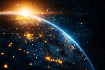 Obraz premium Futuristic Global Network with Digital Connections and Glowing Data Points in a Tech-Inspired Abstract Earth Design