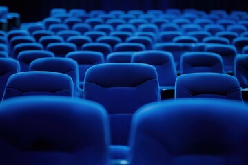 Fototapeta premium Rows of empty blue seats in an auditorium before an event begins