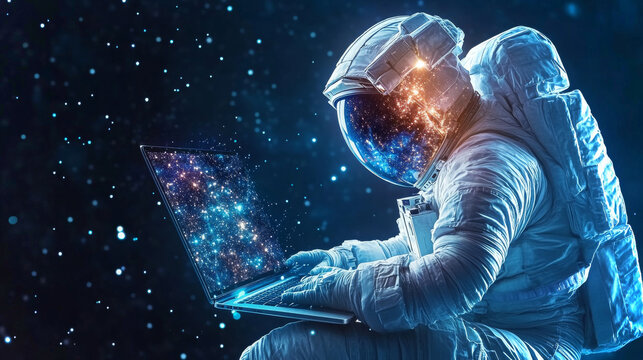 Astronaut completing daily progress report in space environment with starry background