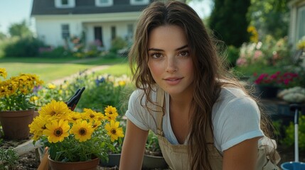 Young caucasian woman gardening among yellow flowers in sunny backyard