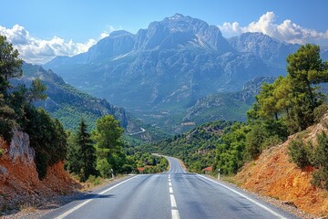 Fototapeta premium A deserted road stretches out into the distance, flanked by majestic mountains