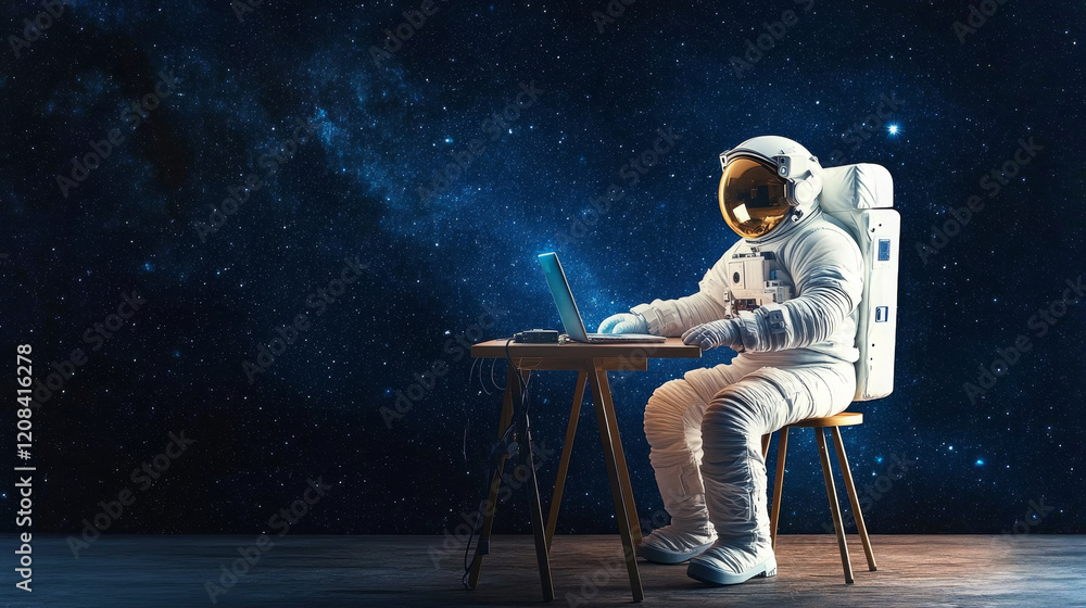 Poster astronaut conducting a system backup in deep space amidst a starry background