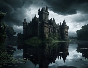 Dark Castle Reflecting on Still Waters: A Gothic Masterpiece
