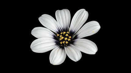 Close-up shot of a single white flower on a dark, contrasting black background