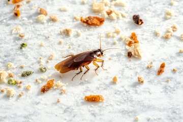 Obraz premium Cockroach on surfaces, food crumbs, and near water, symbolizing infestation and hygiene issues.