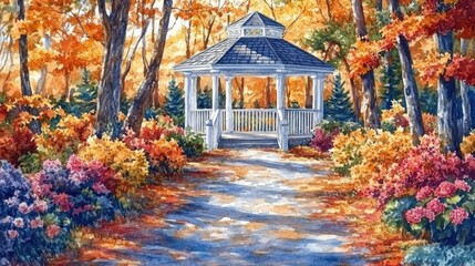 Scenic autumn gazebo amidst vibrant fall foliage in a serene forest pathway