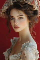 Fototapeta premium A woman posing for a photograph in a dress and hat, formal attire