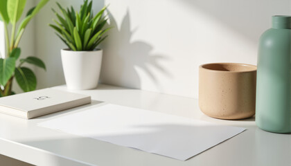 Stylish desk setup with greenery and minimalist decor