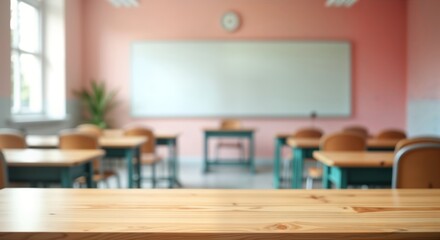 Empty classroom interior shows wooden desks, chairs. Blurred background suggests seminar room study space. Light wooden table sits in foreground. Focuses on flat lay surface, perfect for product