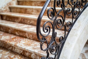 Ornate iron railing on marble staircase, interior, luxury home, design