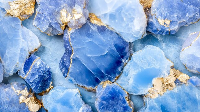 Blue chalcedony crystals, gold accents, close-up texture, background blur, design element