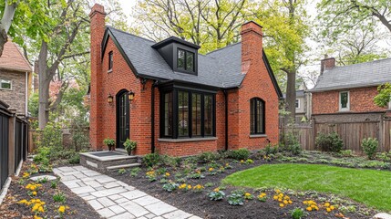 Charming brick cottage with black accents and garden path in residential neighborhood