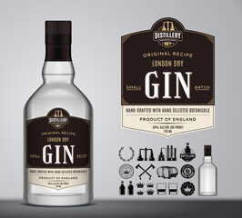 Vector london dry gin label template and glass bottle mockup. Gin and distilling business branding and identity design elements