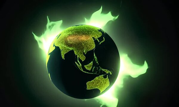 Running globe with green flame in the background HD footage. Earth running footage