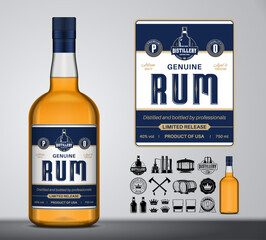 Vector rum label design template. Rum glass bottle mockup. Distilling industry branding and identity design elements