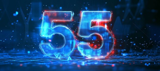 Glowing Digital 3D Number 55 in Futuristic Style on an Abstract Technology Background