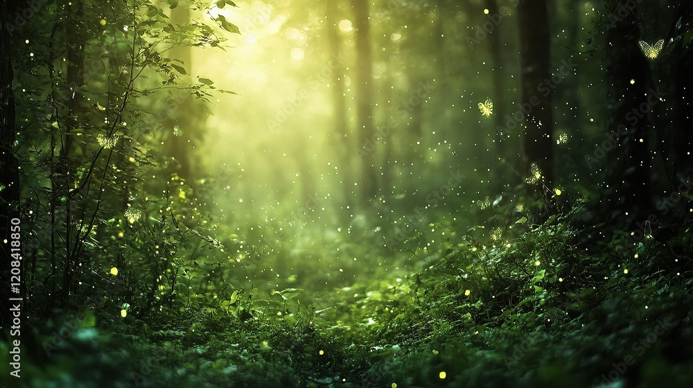 Poster soft green bokeh background from an out of focus forest scene
