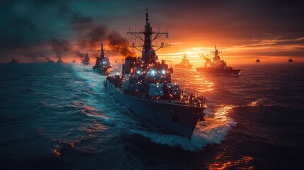 Fototapeta premium A navy ship sailing on calm waters, perfect for marine or naval-themed projects