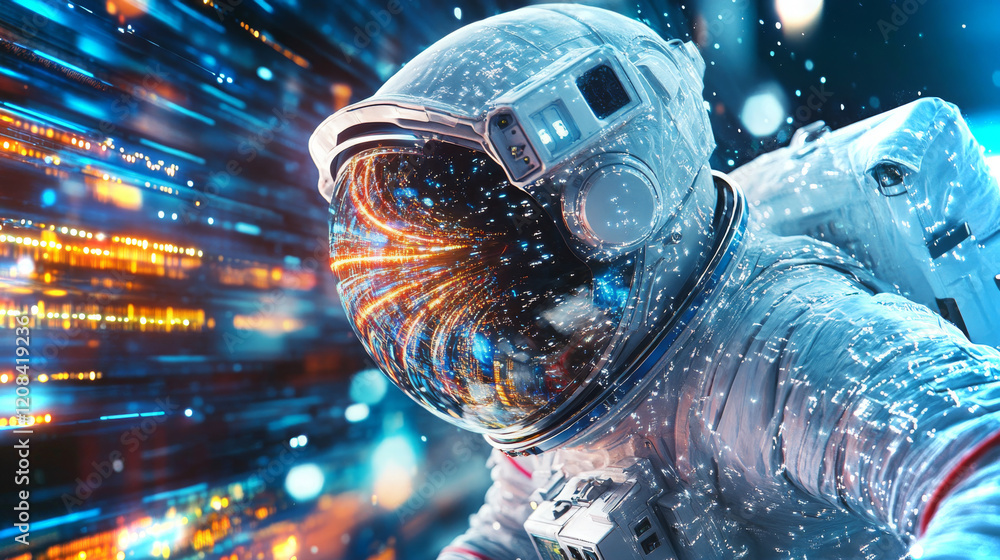 Poster astronaut monitoring security feeds in a futuristic environment