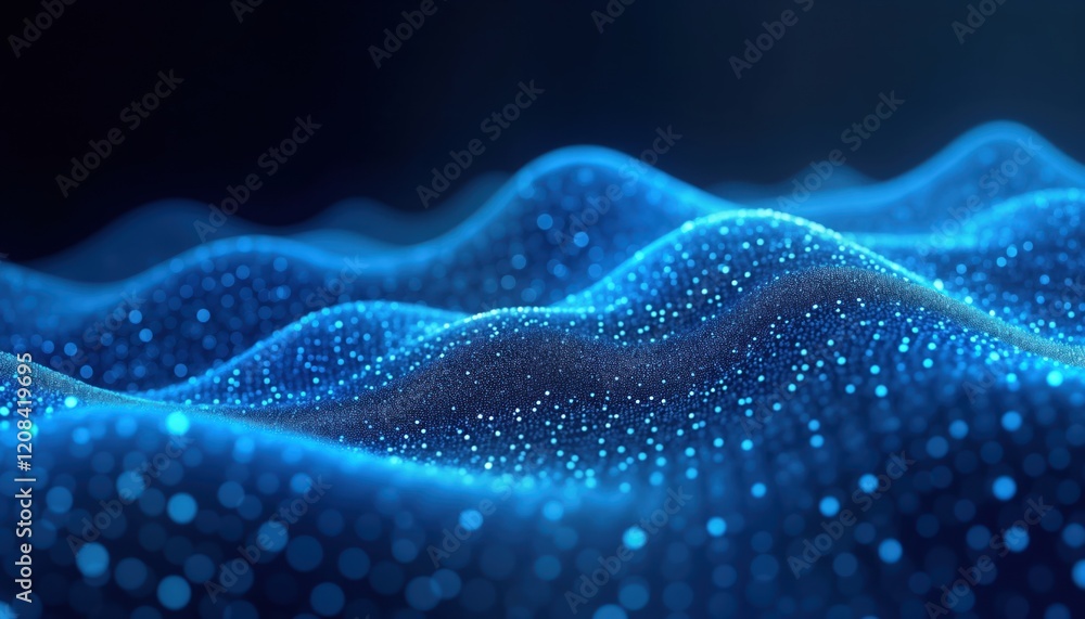 Poster abstract digital blue wave pattern with dots. dynamic motion of particles. modern, futuristic design