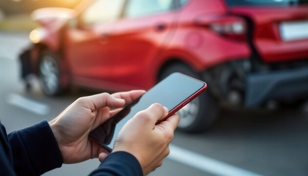 Person uses phone near damaged car. Accident scene. Emergency call in progress. Likely documentation of incident. Person likely needs help. Potentially insurance claim. Focus on accident assistance.