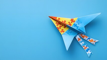 Autism awareness day or month. Paper plane in origami style with autism awareness puzzle ribbon