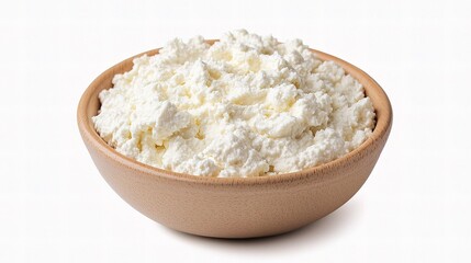 Fresh Ricotta Cheese in Wooden Bowl Isolated on White Background