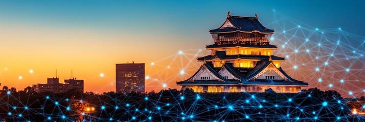 Obraz premium Historic Osaka Castle and Modern City Skyline at Twilight with Digital Network Overlay, Japan