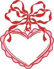 Heart shaped frame with pink trim and red ribbon bow. Hand drawn outline vector illustration. Love, romance, and Valentine's Day concept