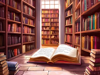 Book in library with old open textbook stack piles in a library
