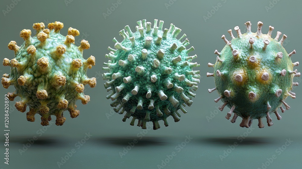 Poster three 3d rendered virus models, variations in color and texture.