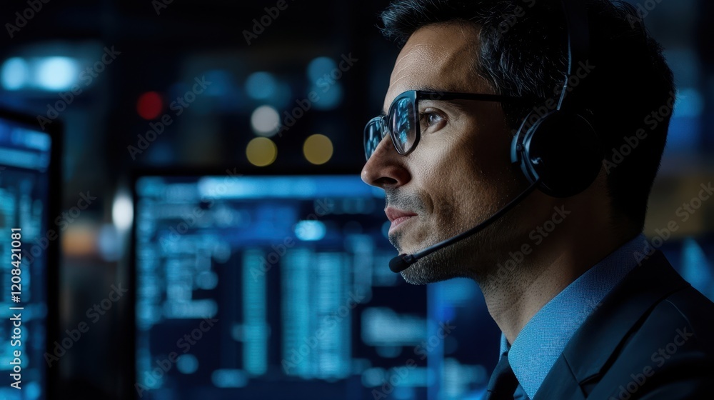 Poster focused man with headset and glasses engaged in work on a computer, exemplifying concentration and m