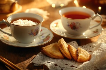 A plate of cookies and a cup of tea sit on a table, perfect for a cozy moment
