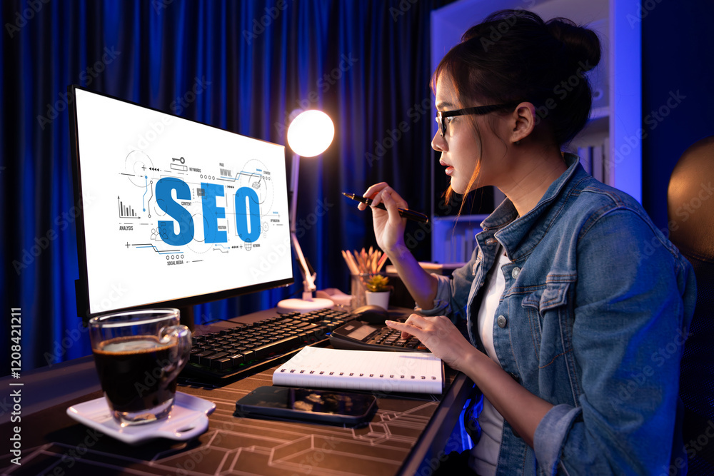 Poster seo search engine optimization for brisk e-commerce and online retail business showing on computer s
