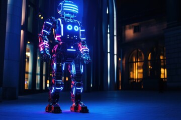 Naklejka premium Futuristic robot with neon lights standing in a modern urban environment at night