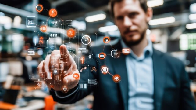 A professional man in a suit interacts with a futuristic virtual interface, showcasing technology's impact on business and communication.