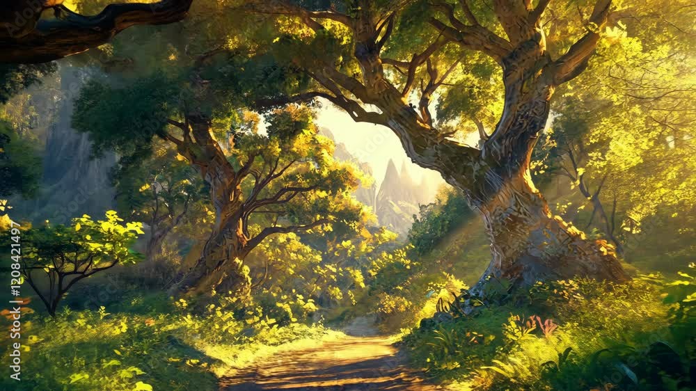 Aufkleber light filters through ancient trees along a serene forest path at sunrise near a mountain range