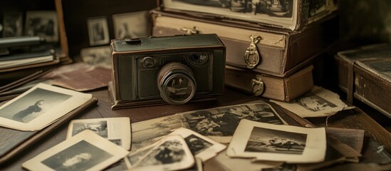 Vintage Camera and Scattered Photographs on a Wooden Table