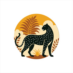 Wild Leopard with Jungle Foliage Retro Vintage Vector Art for T-shirt Design