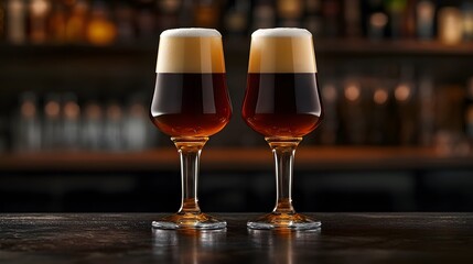 Close up double craft beer on the dark bar table
