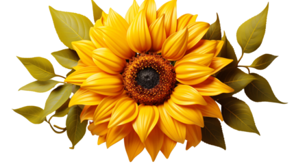 Bright yellow sunflower with large petals and a vibrant brown center, studio view, isolated on transparent background.