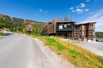 Summer view of resort lodging at the top of Schweitzer Mountain in Sandpoint, Idaho, North Idaho...