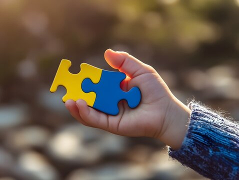 Closeup of a child's hand holding a colorful puzzle piece symbolizing creativity and learning. Concept of autism awareness - Powered by Adobe